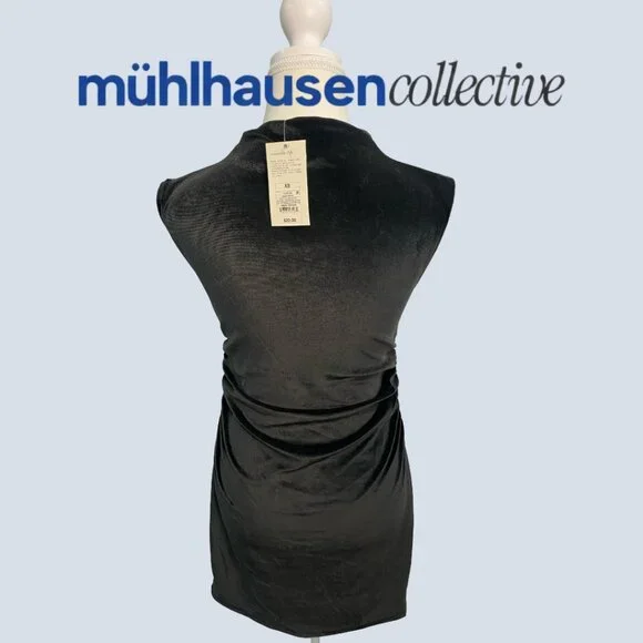 NWT A New Day Black Velvet Ruched Mini Dress Sleeveless Mock Neck - Picture 3 of 4